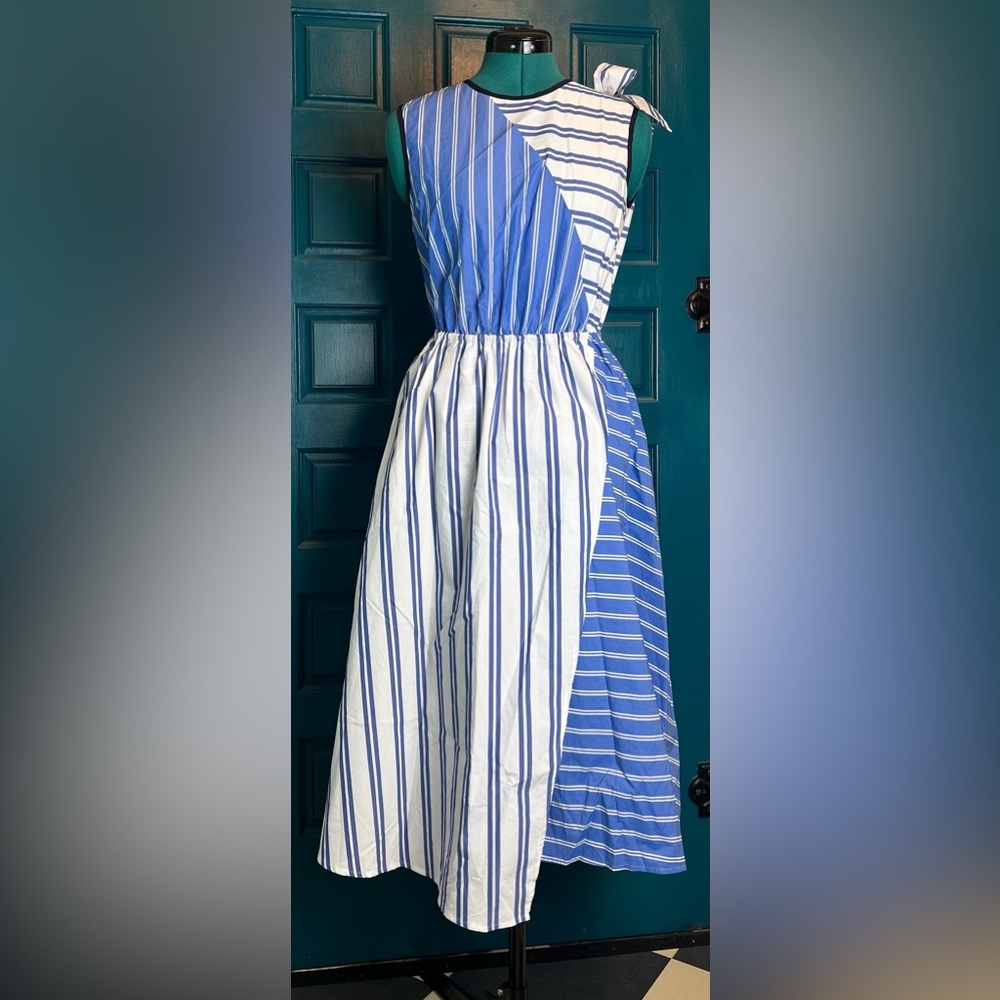 SJYP Steve J & Yoni P Wrap Dress Midi Blue White Size Small  Cutout Tie Back